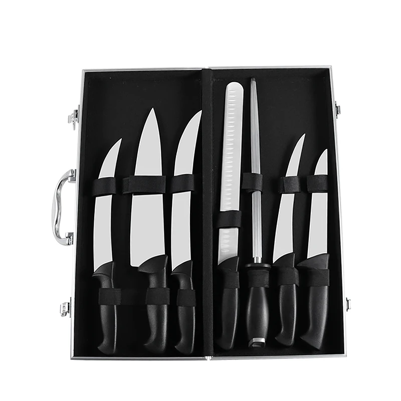 7PCS  High Carbon Steel Butcher Chef Knife Set Stiff Boning Cimiter Fillet Ham Knife sharpening steel in Case with PP handle