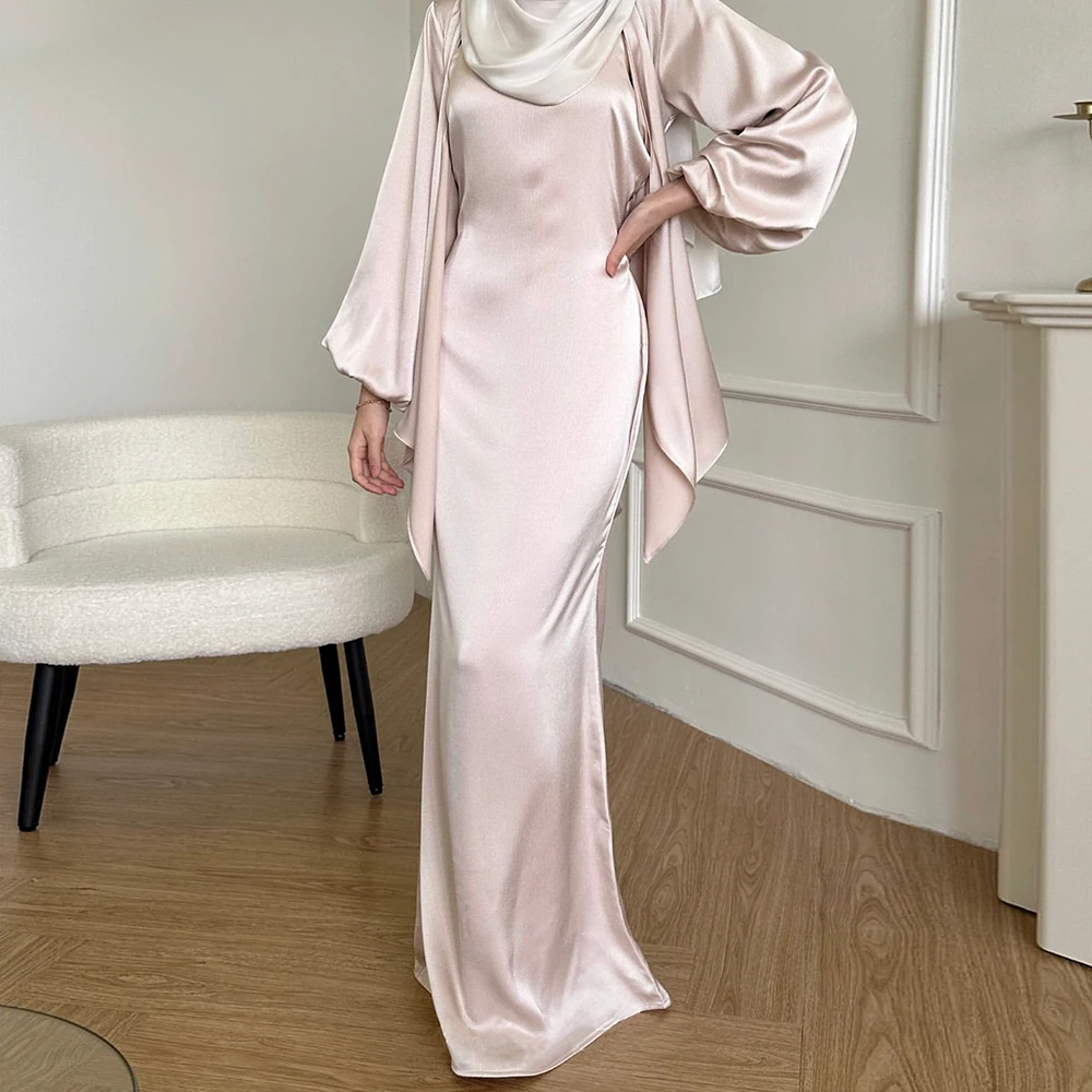 2024 Latest Islamic Muslim Women Dress Inner Slip dress 2 Piece Abaya Set Solid Color Satin Modest Muslim Women Dress