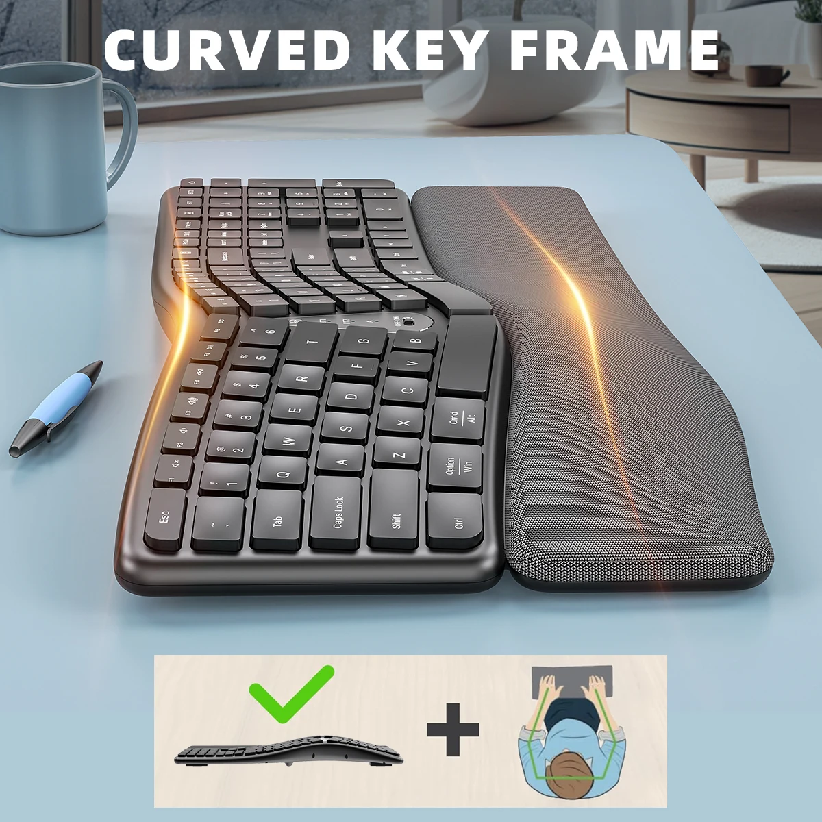 COUSO 111 Keys Keyboard Mouse Waterproof Bluetooth Wireless Ergonomic Keyboard and Ergonomic Mouse with Wrist and Palm Rest