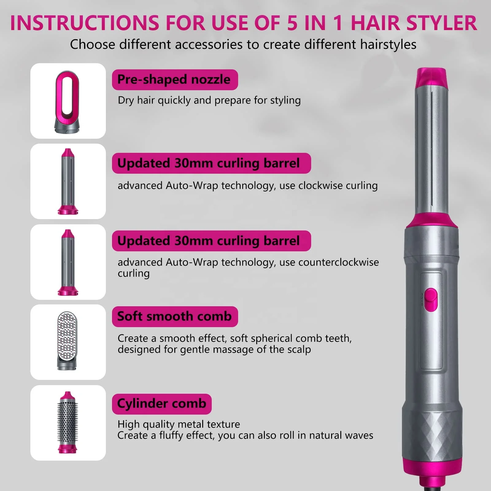 Professional 5 In 1 Hair Dryer & Volumizing Brush Stock One Step Curling Hair Dryer And Styler Electric Hot Air Brush Comb