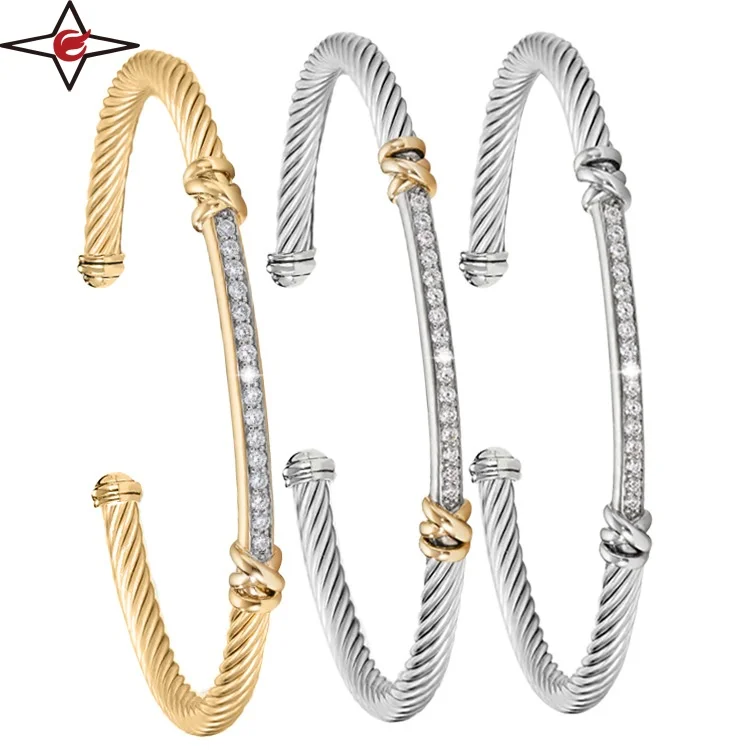 Custom 18k Gold Plated Inlaid Stone Bangles Colorful Women Luxury Cuff Bangle Cable Zircon Open Bangle