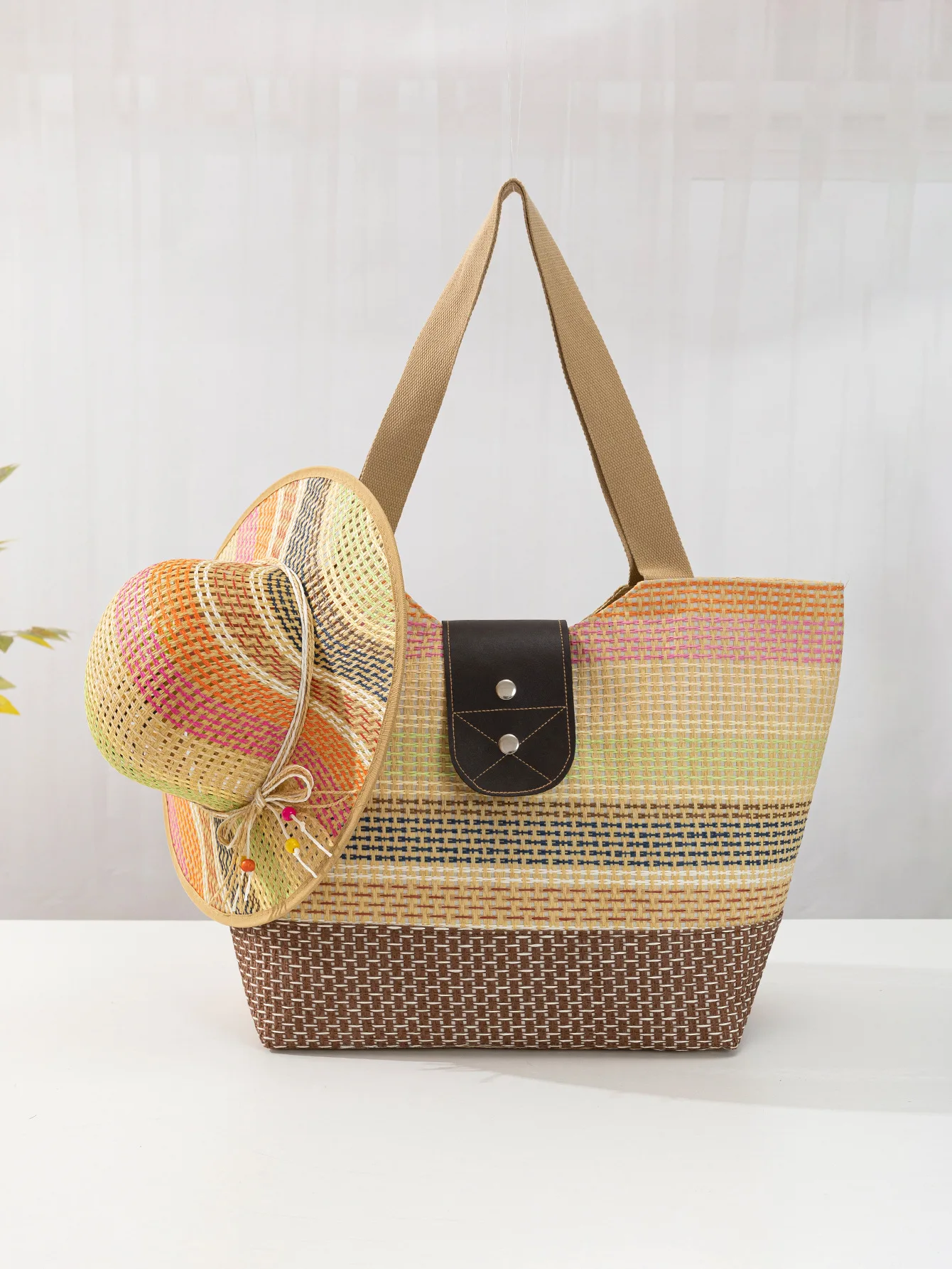 Wholesale One Shoulder Canvas Leather Buckle Bag Hat Set Women Vacation Beach Straw Bag And Hat Set