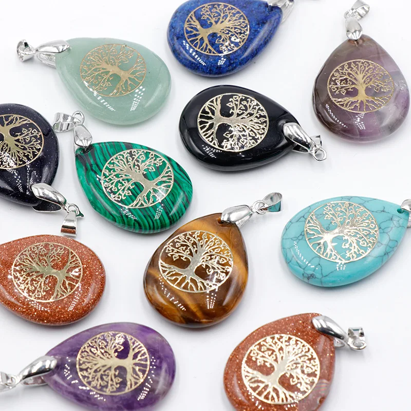 Fashion Popular Natural Stone Water Drop Pendant Jewelry Life Tree Design Necklace For Jewelry Making