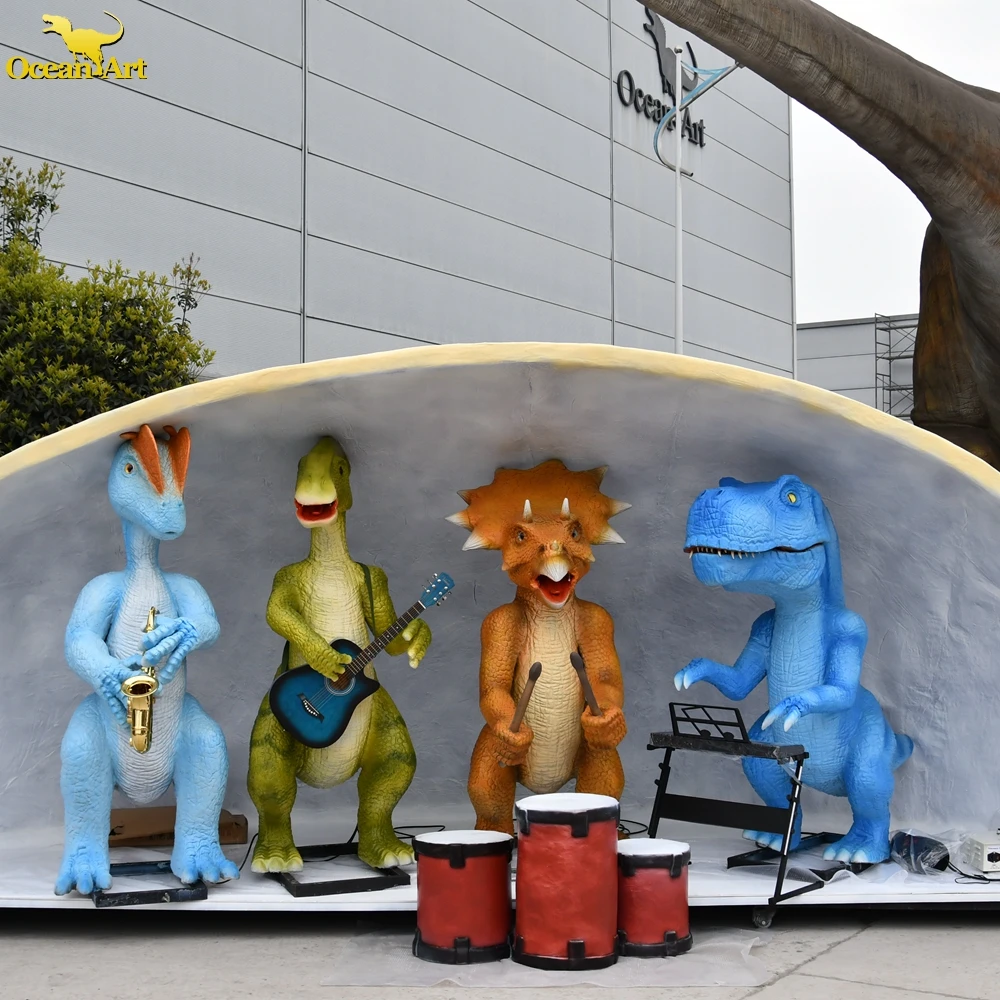 Amusement Park interactive animatronic dinosaur rocking music band cartoon dinosaur for kids