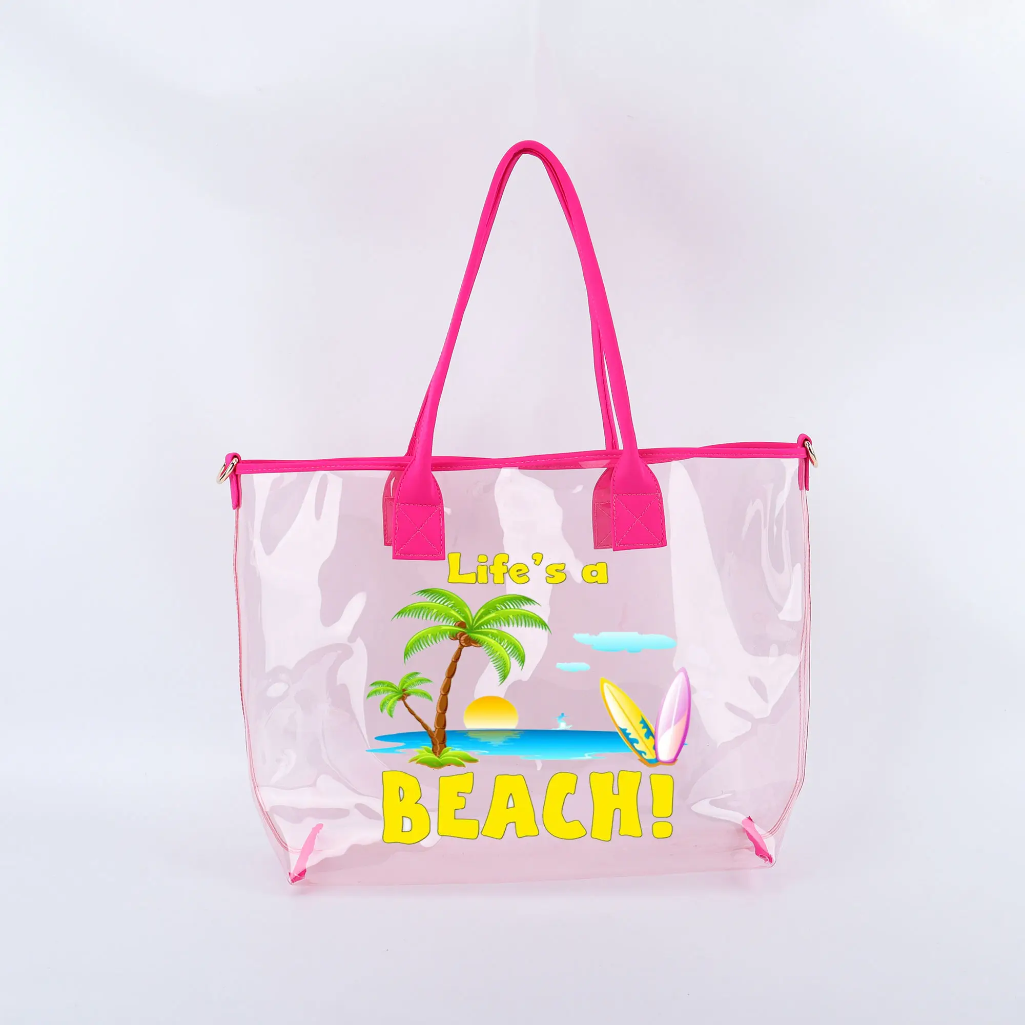 Large Custom Print Girls Women Beach Tote Handbag Shoulder Transparent Pvd Clear Tote Bag Summer Plastic Waterproof Shopping Bag