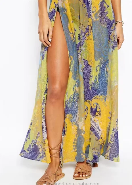 OEM sublimation print women Beach dress cross neck long maxi dress Chiffon dress printed girl skirt