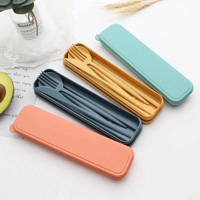Amazon Hot Sale Wheat Cutlery Set Spoon Fork Knife And Chopsticks Wheat Case Portable Camping Cutlery Set