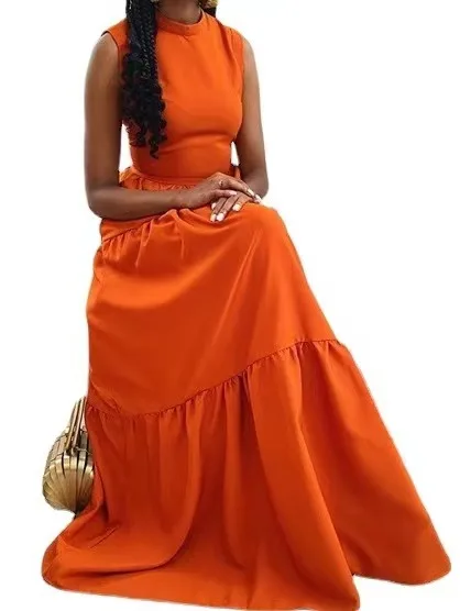 2022 New arrival Trending New African Women Solid Color Orange Large Swing Long Dress Lady O neck Sleeveless career dresses