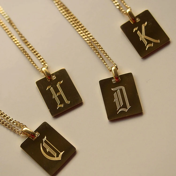 18k Gold Plated Initial Letter Necklace Old English Necklace Personalized Square A-Z Alphabet Necklace Stainless Steel Jewelry