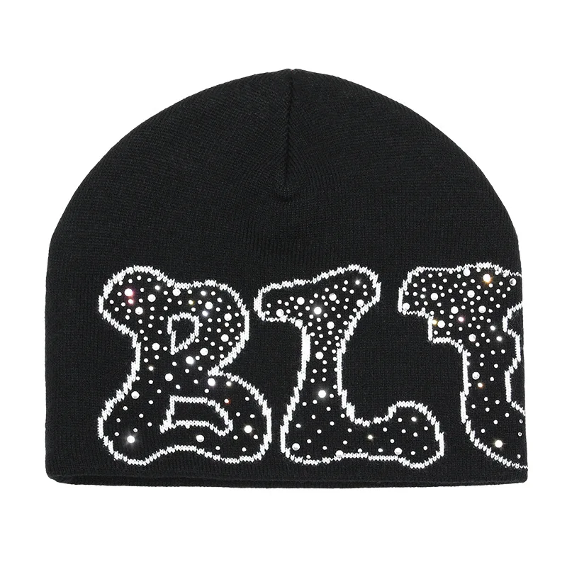 High Quality Custom Printed Logo Letter Bling Bling Diamond Rhinestone Knitted Jacquard Beanie With Rhinestone