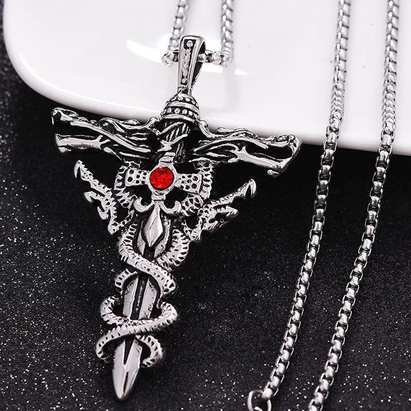 Creative Double Dragons Sword Pendant Necklace for Men Antique Silver Cross  Titanium Steel Necklaces Party Jewelry