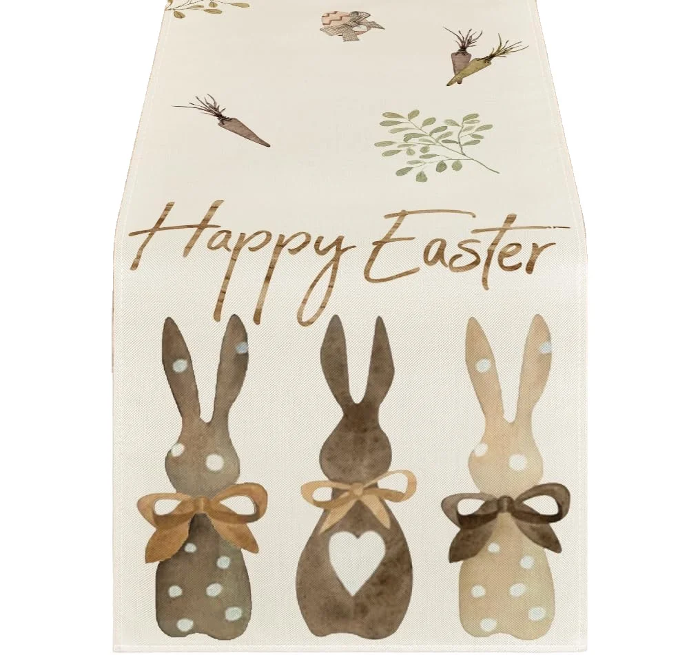 Mode Carrots Rabbit Bunny Happy Easter Table Runner Spring Dining Table Decoration for Indoor Outdoor Home Party