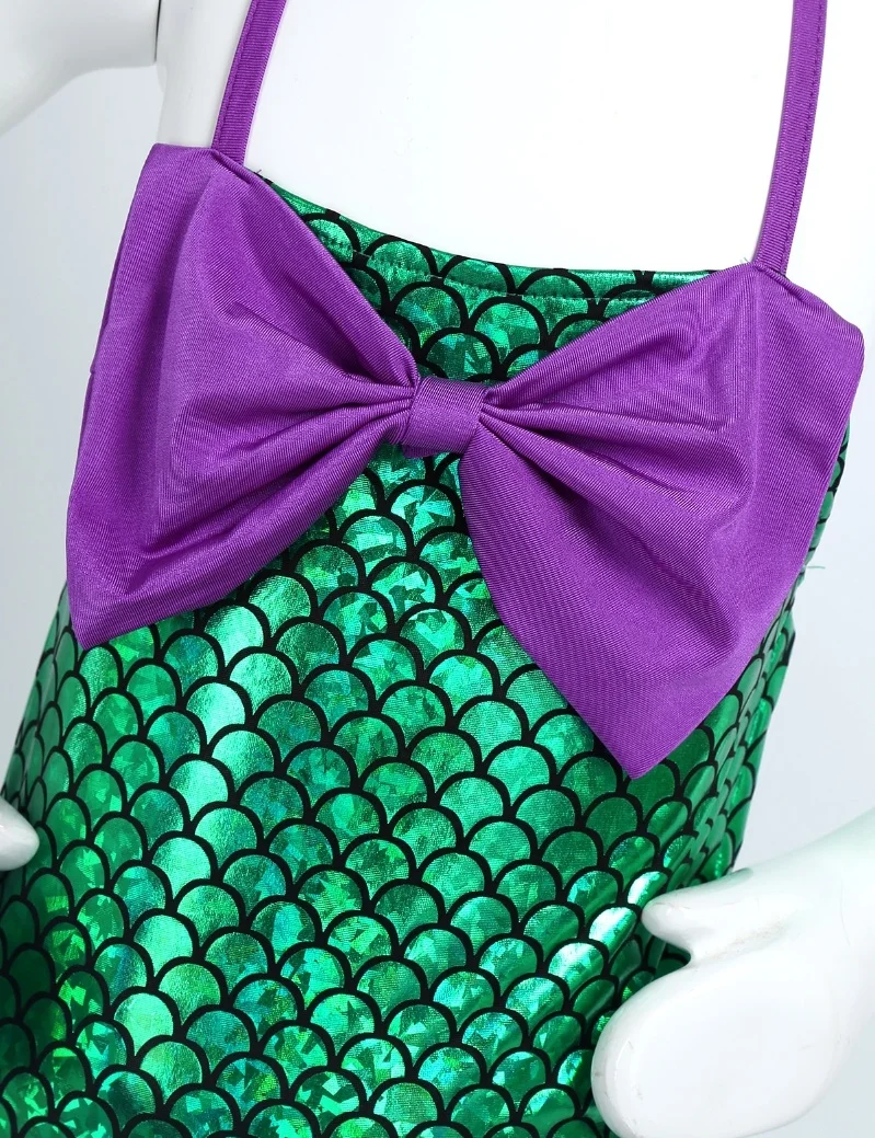 Kids Girls Adjustable Halter Glossy Fish Scales Printed Mermaid Dress Halloween Dress Up Cosplay Costume