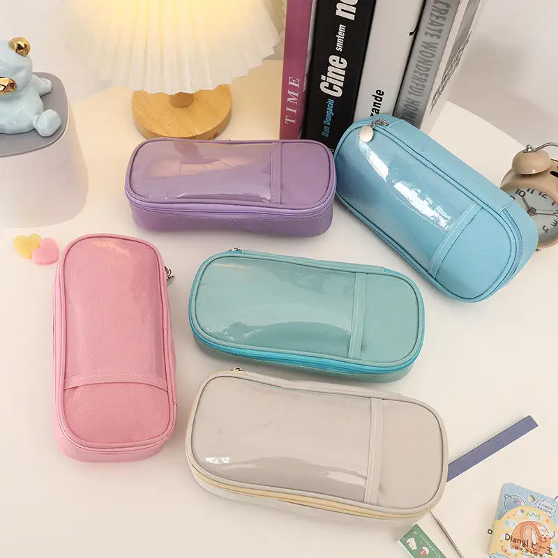 Simple solid color canvas cream color pencil bag creative large-capacity hand account bag pencil case pencil stationery bag