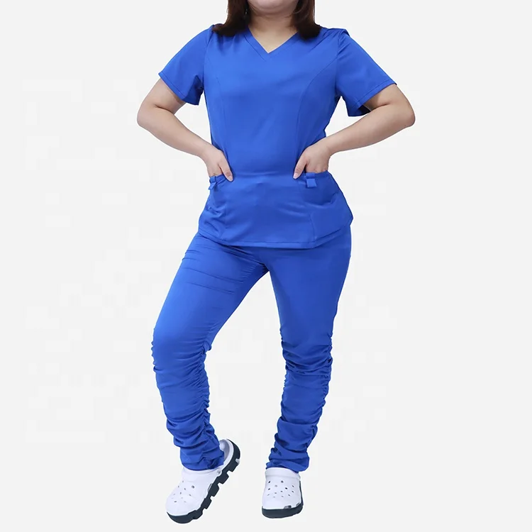 Factory Scrubs Nurse Scrubs With Jogger Ruffle Short-sleeved Women Stacked Pants Scrubs Uniforms  Set