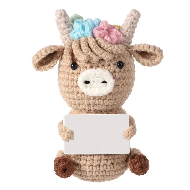 Knitted Positive Highland Cow Crochet Inspirational Knitted Doll with Positive Card Positive Cow Uplifting Knitted toy Gift