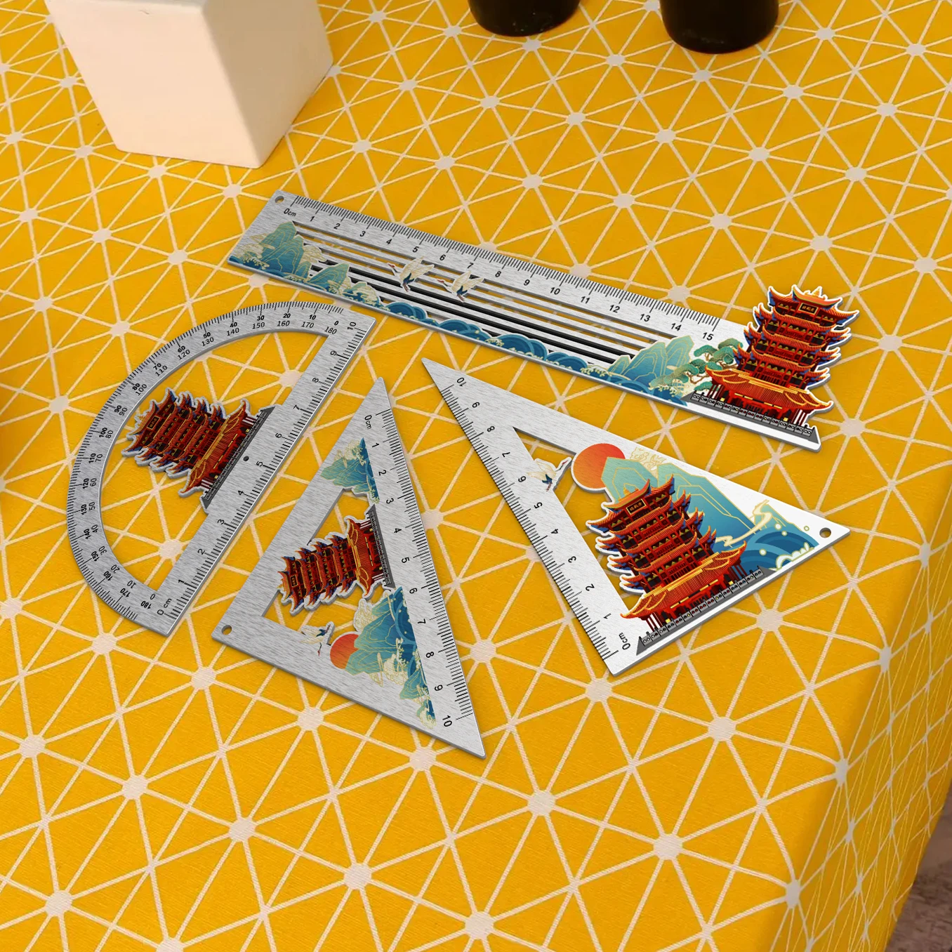 Free design custom metal Measuring Tool Ruler with UV printing Math Set Ruler Includes Protractor ,Triangle ,Straight Ruler