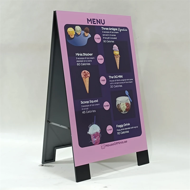 Super Quality Custom Stainless Steel A Frame Street cold food display outdoor sign board mobile shop sign board order board
