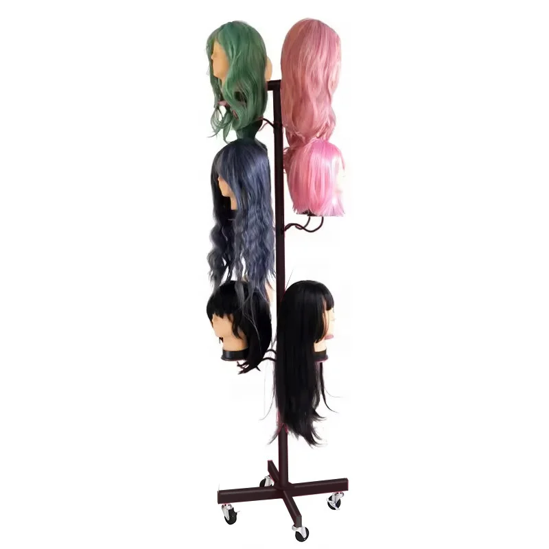 High Quality Store Human Head Model Curly Wig Hair Extensions Lace Front Braid Hair Sample Metal Rotating Display Rack Stand