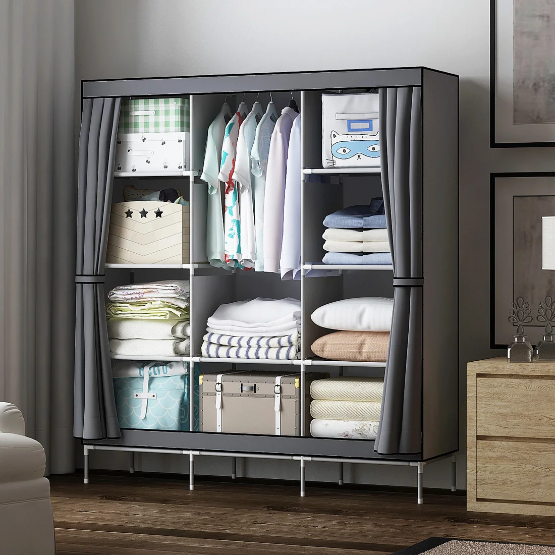 
130cm Portable Clothes Closet Freestanding Closet Shelf Storage Organizer Wardrobe with Hanging Rack 