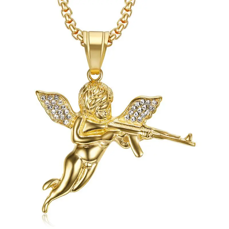 Stainless steel gold gun lifting revenge ange Necklace Pendant titanium steel Cupid hip hop rock Necklace