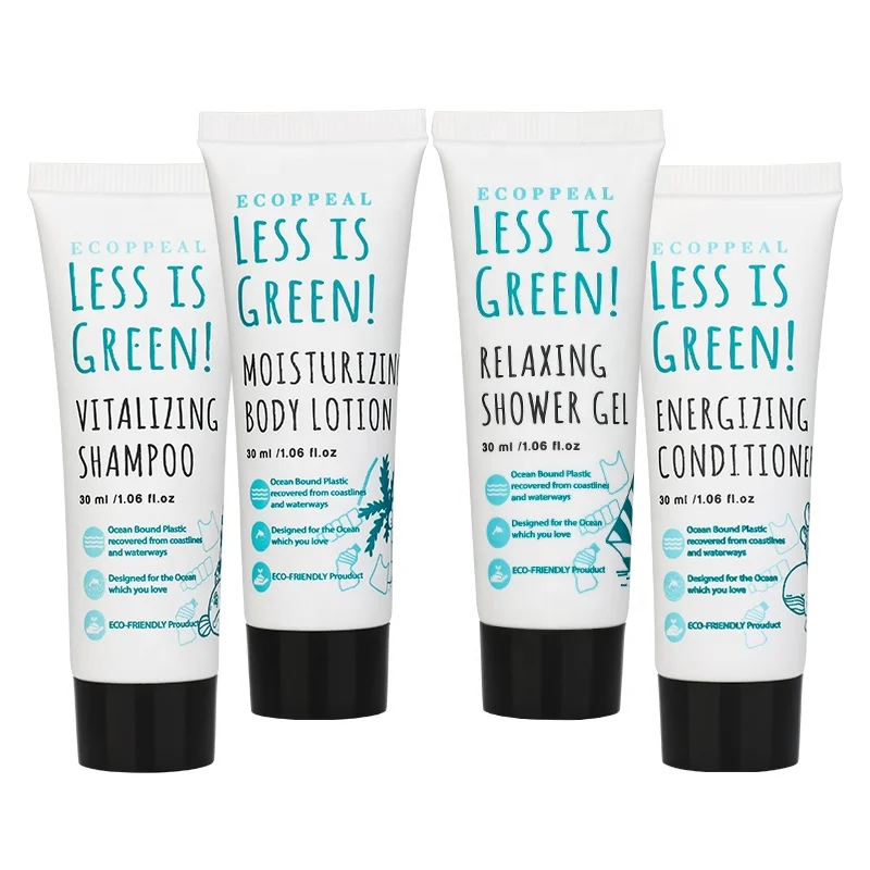 Wholesale 5 Star Luxury recyclable Ocean Bound Plastic Bottles Hotel Toiletries Amenities Set With Shower Gel Lotion Sets