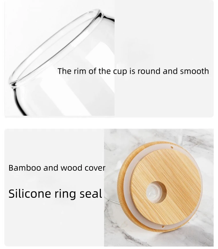 Wholesale creative high borosilicate glass bottle Mason glass cup with bamboo lid and straw