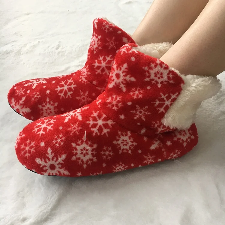 winter woman Christmas snowflake  plush fluffy fuzzy  indoor slipper boots