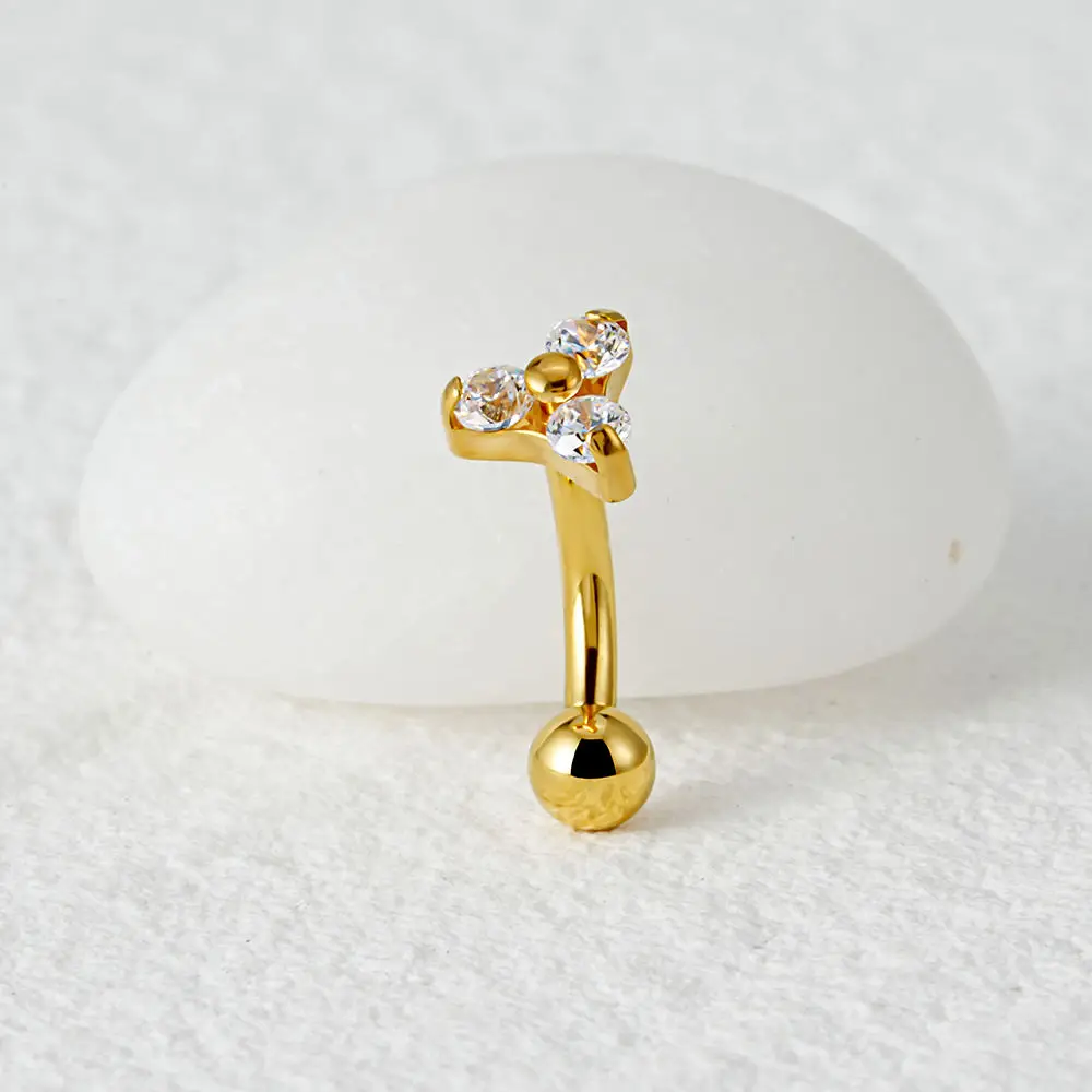 ASTM F136 Titanium 16G Triple CZ Flower Curved Barbell Rook Earring Eyebrow Cartilage Navel Ring Stud Piercing Jewelry