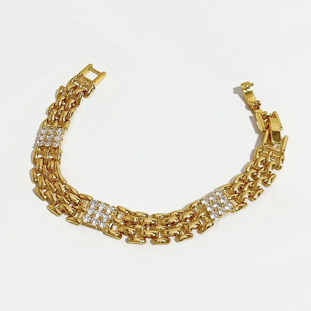 B0092 Chunky Wide Watch Strap Cubic Zircon Bracelets Women Vintage Mixed Thick Link Chain Layering Cuff Bangle Fine Jewelry Gift