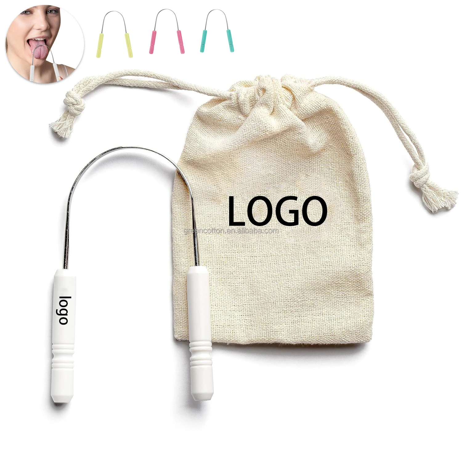 Custom Logo Tongue Scraper for Adults Kids with Case Stainless Steel Tongue Cleaner Linen Travel Pouch Scrubber to Remove Tongue