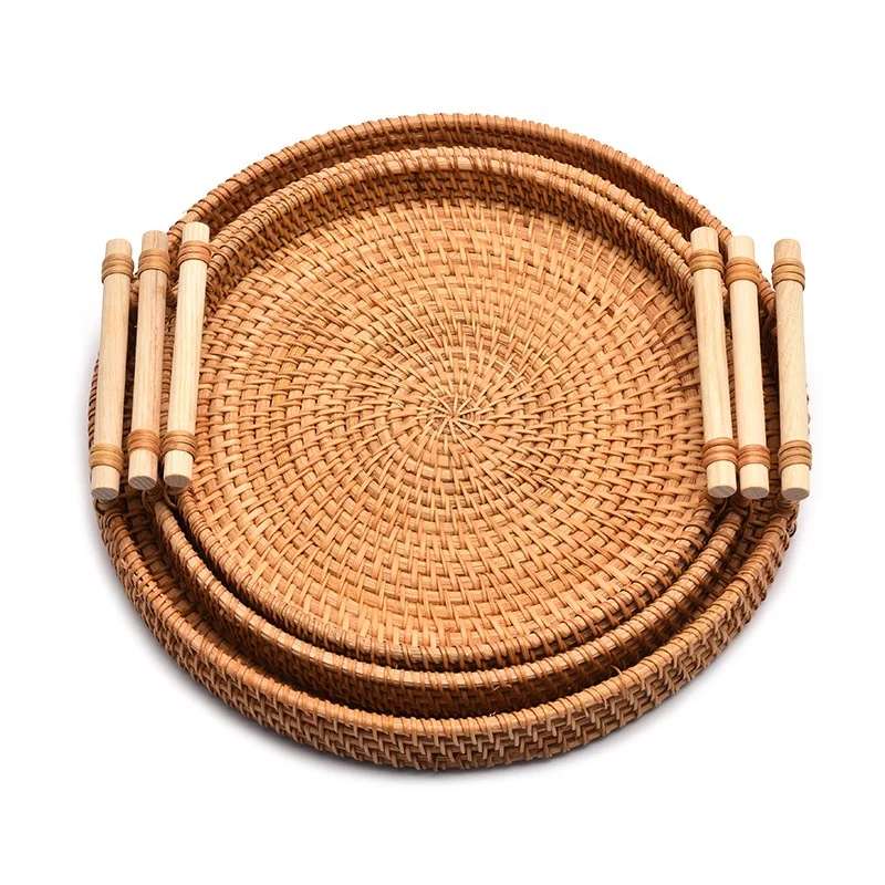 High Quality Cheap Rattan Fruit Plate Round Rattan Tray With Handle Rattan Basket