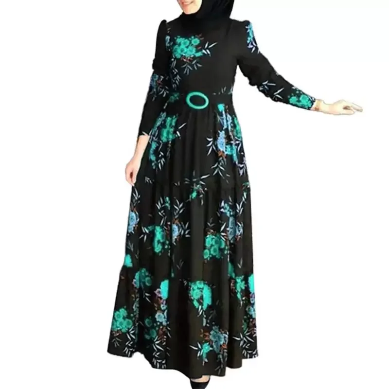 Casual Dresses Muslim Abaya Dress Plus Size Fashion Long Sleeve Elegant Ethnic Floral Print Belt Vintage Maxi Kaftan Robe