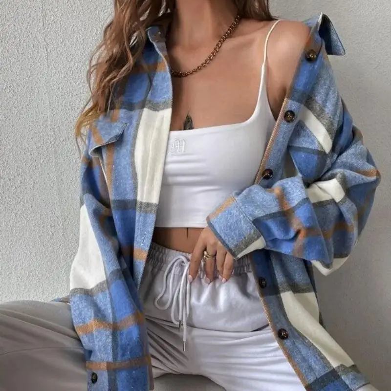 Vintage Women Clothing Latest Long Sleeve Loose Tops Pocket Button Up Plaid Coat