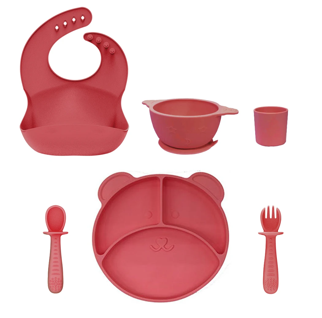 Factory Directly Sale Baby Self Feeding Silicone Suction Plate Bowl Spoon Bibs BPA Free Silicone Baby Feeding Set