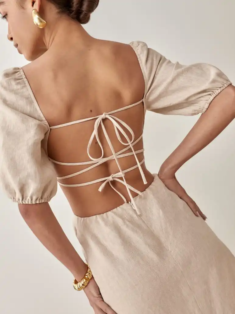 OEM Custom Linen Cut-Out Backless Cross Strap Hollow Out Lantern Sleeve Breasted Ruffled Corset Midi Dress