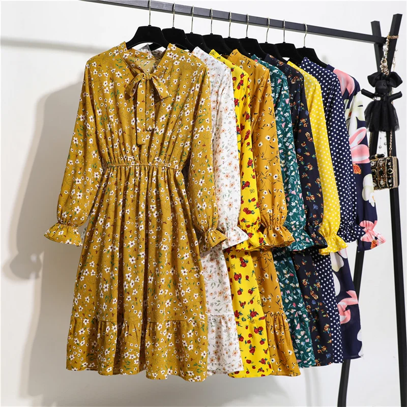 Floral Printing Chiffon Dress Casual Slim Dresses Long Sleeve Long V-Neck Dress