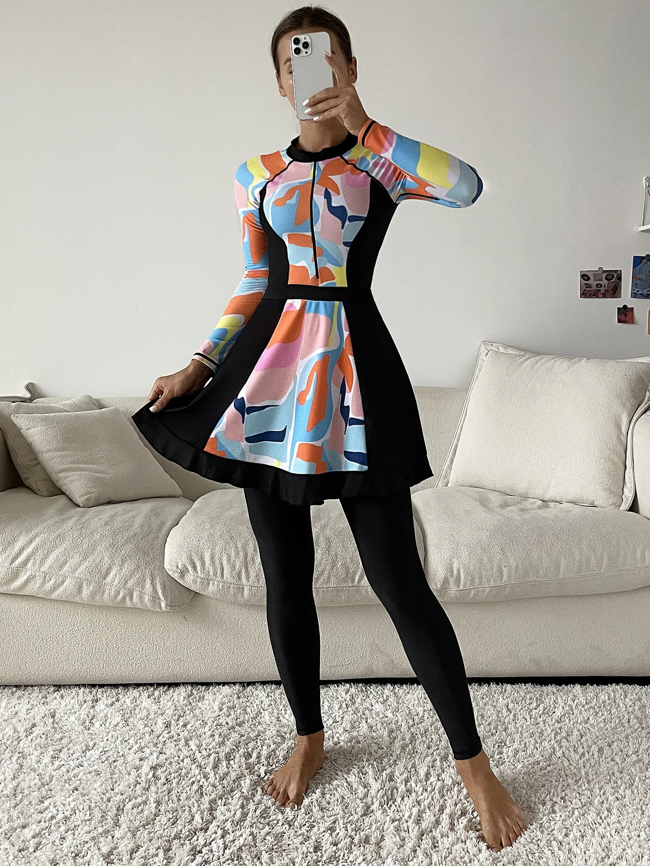 S-XL Drop Shipping One-piece Top Graphic Printing 3 Piece Sets Full Cover Long Sleeve Burkini Muslim Swimwear Women