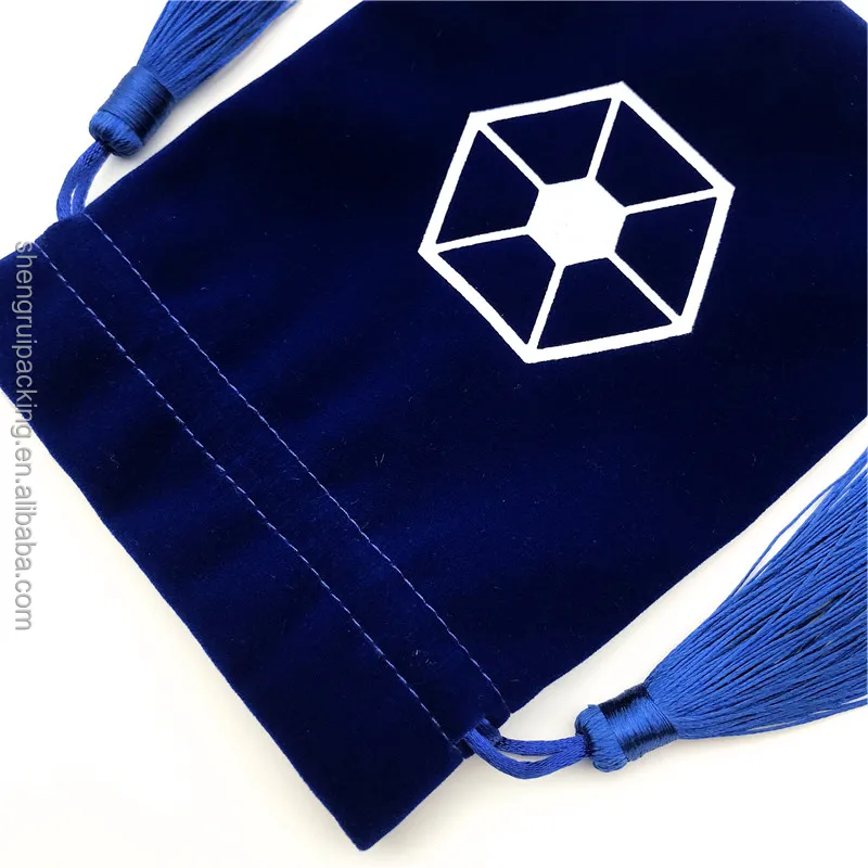 Blue Velvet Bag With Tassel Drawstring Velvet Storage Bag for Dice Velvet Mirror Cosmetic Pouch