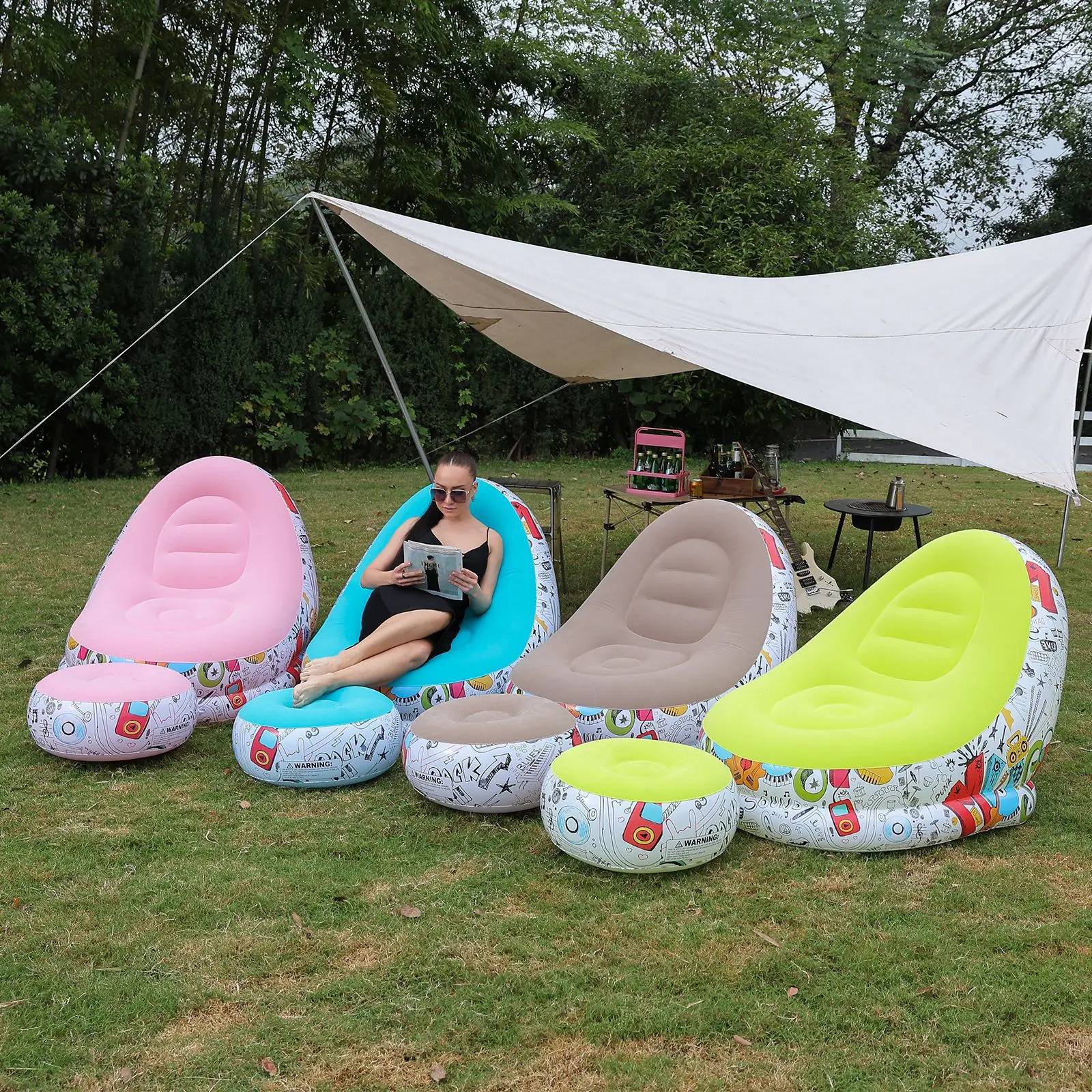 Inflatable Lazy Sofa Family Inflatable Lounge Chair Graffiti Pattern Flocking Sofa with Inflatable Foot Cushion