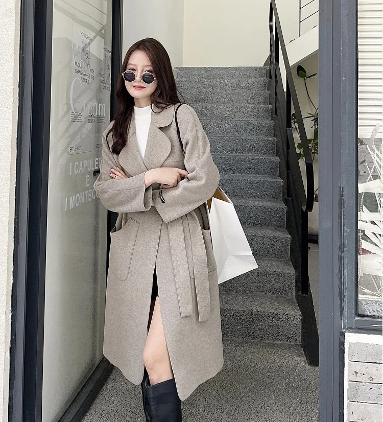 2023 Autumn Winter Women Long Sleeve Loose Woolen Coat Lady Solid Color Medium Long Double-face Cardigan Lapel Soft Woolen Coat