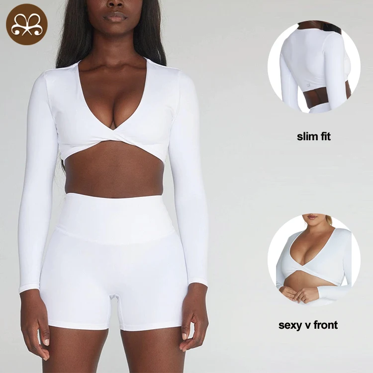 Custom Plain Blank T shirts Women long sleeve twist Crop Top Tee