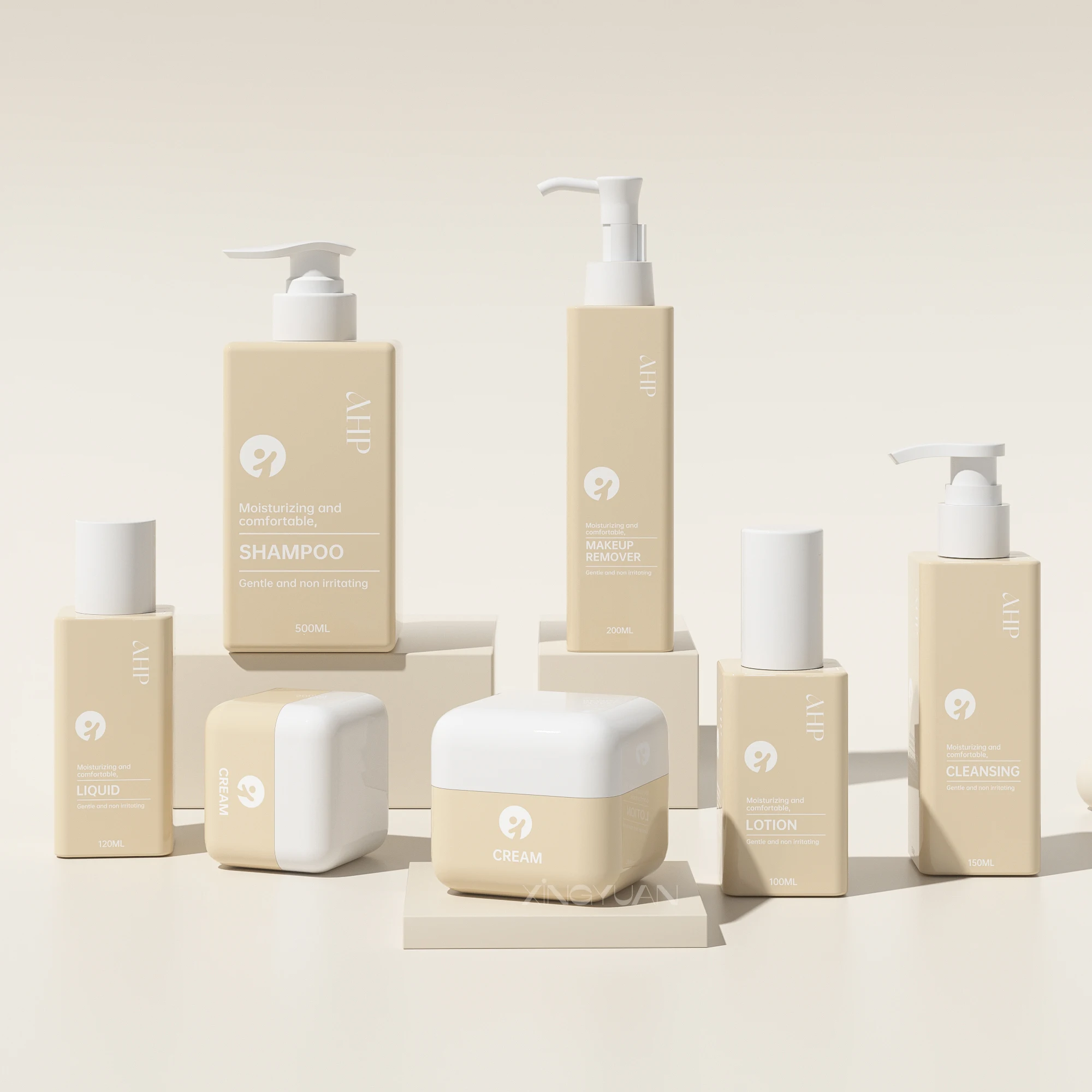 Custom personal care bottle set 100ml 120ml 150ml 500ml beige  PET facial toner cleanser bottle with pump dispenser for shampoo