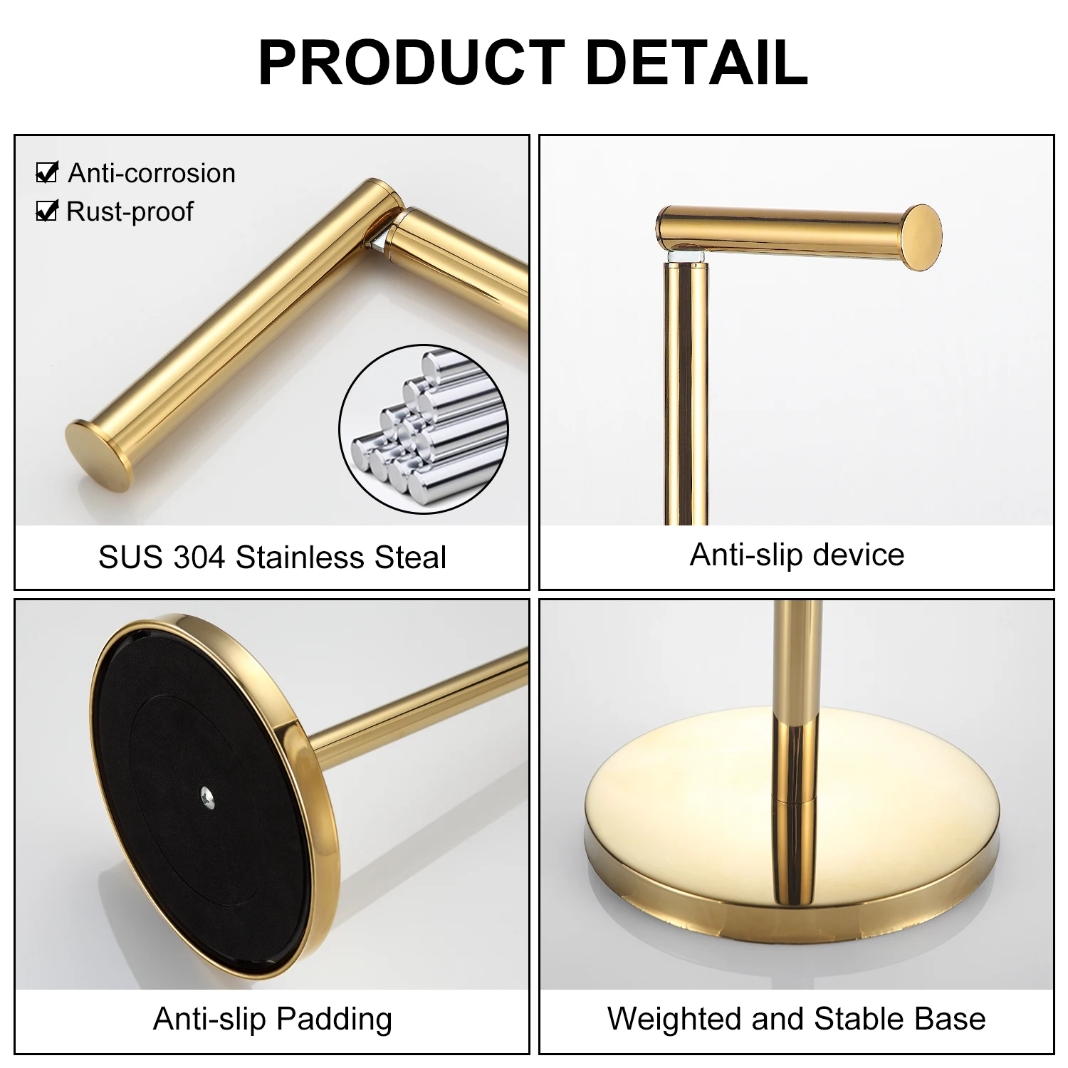Custom Free Standing Modern Gold Tissue Roll Holder 304 Stainless Steel Toilet Paper holder Toilet Paper Holder Stand