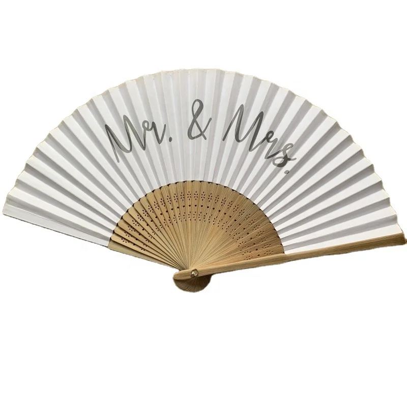 Small MOQ High Quality Elegant Wedding Paper Folding Fan with Mr and Mrs or Just Married Logo Custom Printed