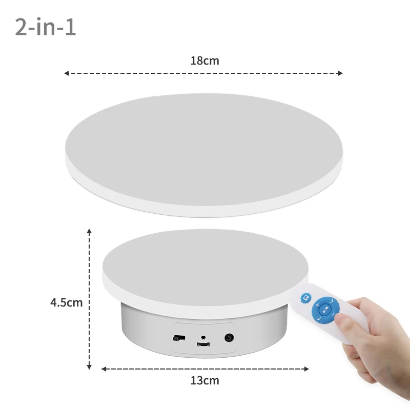 ComXim Remote Controlled 2 Lids 18cm/5.1inch  5-10kgs Loading Rotating Stand Product Shooting Electric Turntable