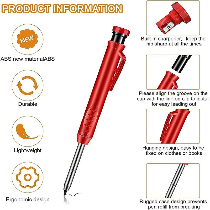 KEGRET Solid Carpenter Pencil with Refill Leads and Sharpener Construction Pencil for Deep Hole Marker Marking Woodworking Tools