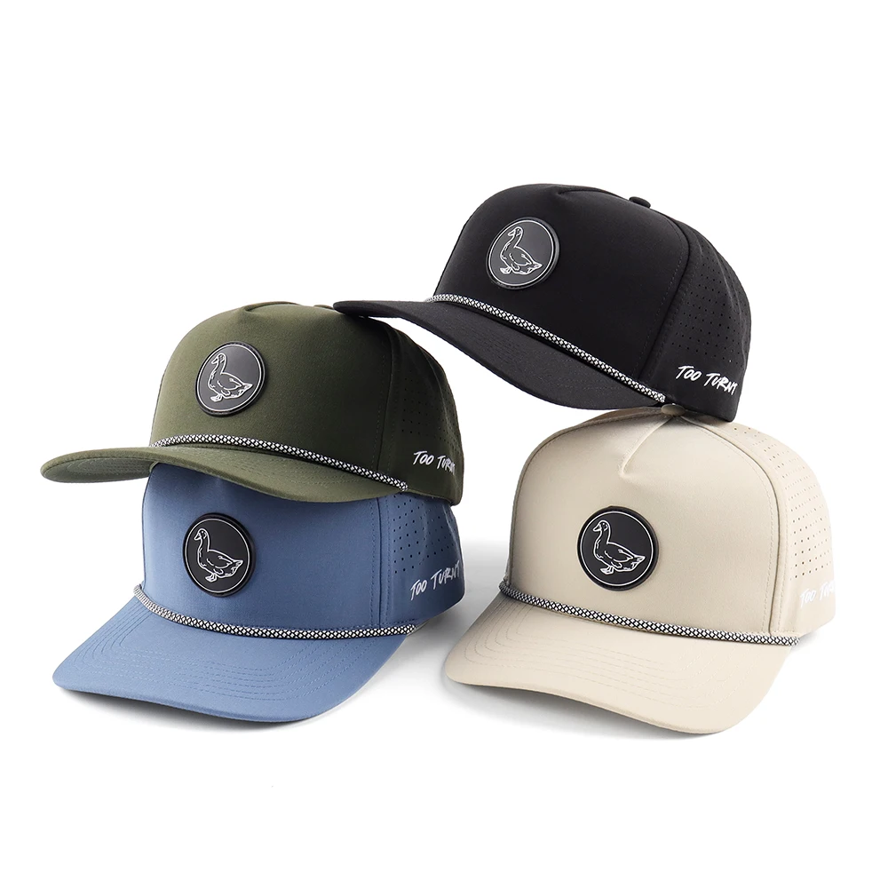 Custom 5 panel PVC rubber patch perforated hat breathable rope baseball cap waterproof performance Snapback Hat