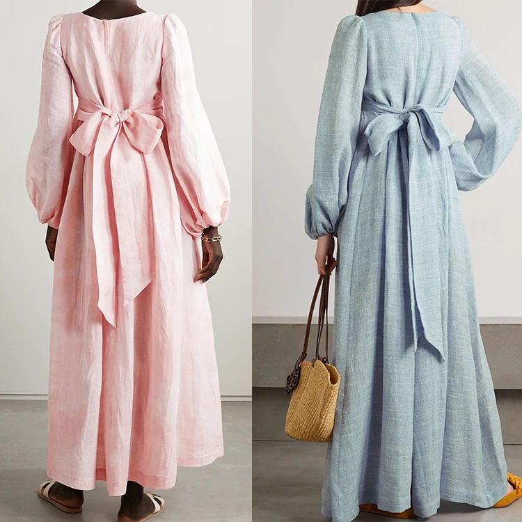 custom high end Summer european clothing OEM elegant vintage V-neck Maxi Ladies long sleeve Women dress casual 100% Linen Dress