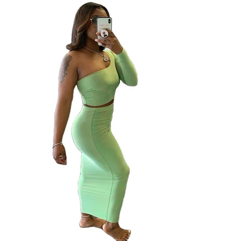 Wholesale IN STOCK fall women clothing 2020 autumn new one-shoulder cropped short tops slim fit hip skirt two-piece suit